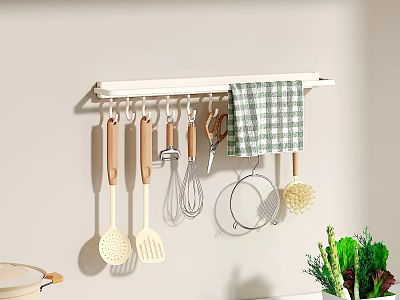 Wall Mounted Kitchen Utensils With Wooden Handles And Checkered Towel Near Fresh Vegetables 3d model