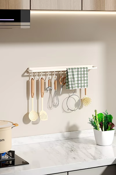 Wall Mounted Kitchen Utensils With Wooden Handles And Checkered Towel Near Fresh Vegetables 3d model