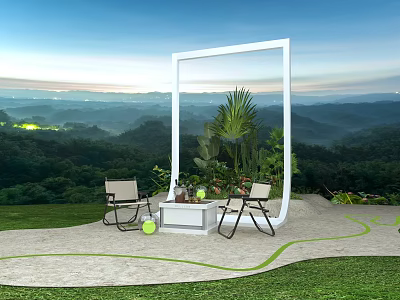 Outdoor Interactive Area With White Frame Chairs Small Table Plants And Mountain View 3d model