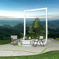 Outdoor Interactive Area With White Frame Chairs Small Table Plants And Mountain View