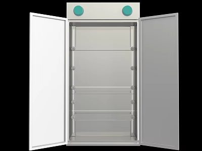 Industrial Equipment Cabinet with Open Double Doors Metal Construction Internal Shelves and Green Top Buttons 3d model