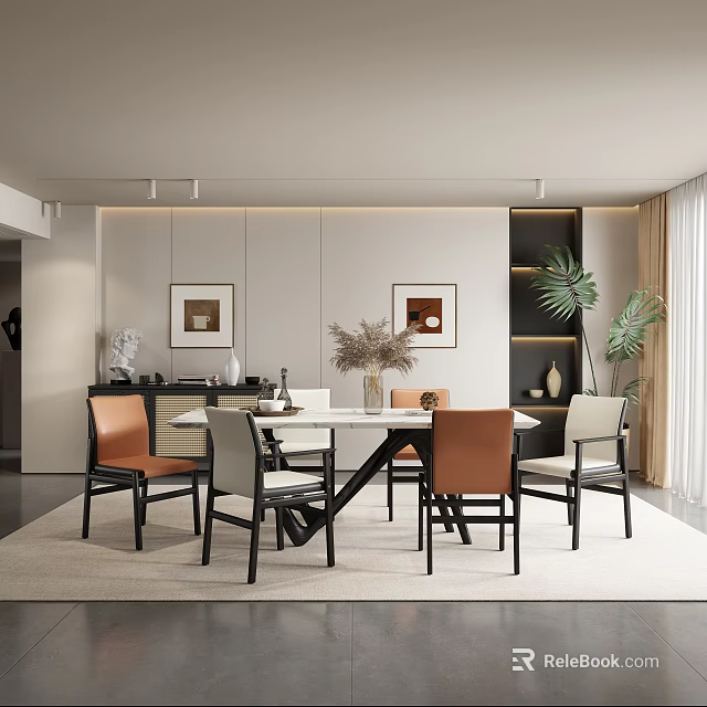 Elegant Modern Restaurant Interior With Dining Table Chairs Decorative Artworks And Soft Lighting 3d model 