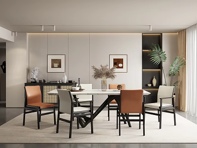 Elegant Modern Restaurant Interior With Dining Table Chairs Decorative Artworks And Soft Lighting 3d model