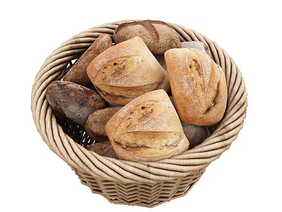 Assorted Fresh Bread Loaves in Woven Basket for Daily Meals and Snacks 3d model