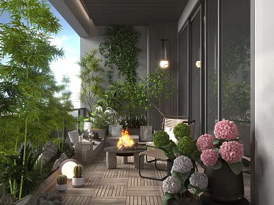 Luxurious Villa Balcony With Lush Green Plants Fire Pit Wooden Deck And Hydrangea Flowers 3d model