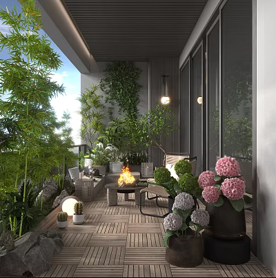 Luxurious Villa Balcony With Lush Green Plants Fire Pit Wooden Deck And Hydrangea Flowers 3d model