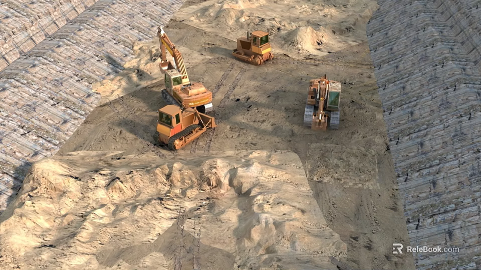 Heavy Construction Machinery Operating On Sandy Worksite With Excavators And Bulldozers 3d model 