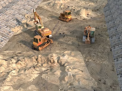 Heavy Construction Machinery Operating On Sandy Worksite With Excavators And Bulldozers 3d model