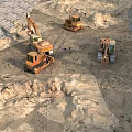 Heavy Construction Machinery Operating On Sandy Worksite With Excavators And Bulldozers