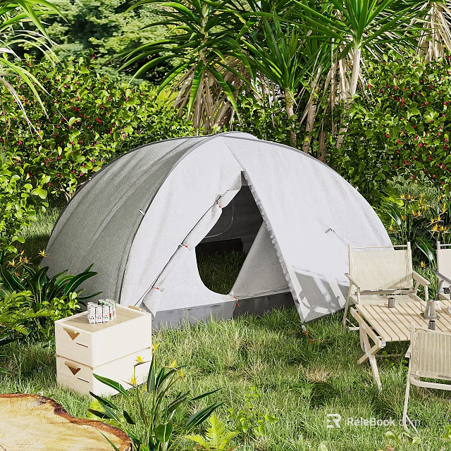 Gray Camping Tent In Lush Green Garden With Folding Chairs And Storage Box 3d model 