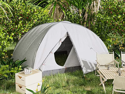 Gray Camping Tent In Lush Green Garden With Folding Chairs And Storage Box 3d model