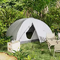 Gray Camping Tent In Lush Green Garden With Folding Chairs And Storage Box