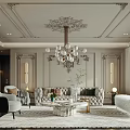 Elegant Modern Living and Dining Room with Chandelier Fireplace Marble Coffee Table Sofa
