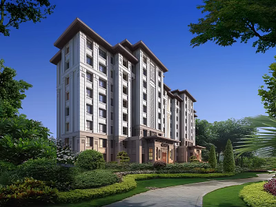 Modern Residential Building Exterior With Lush Greenery And Landscaped Pathway 3d model