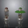 Vintage Kerosene Lamps With Red Top Green Shade And Metallic Structure On Black Reflective Surface