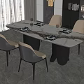 Modern Dining Table Set With Marble Tabletop Grey Chairs And Natural Light From Large Windows 3d model