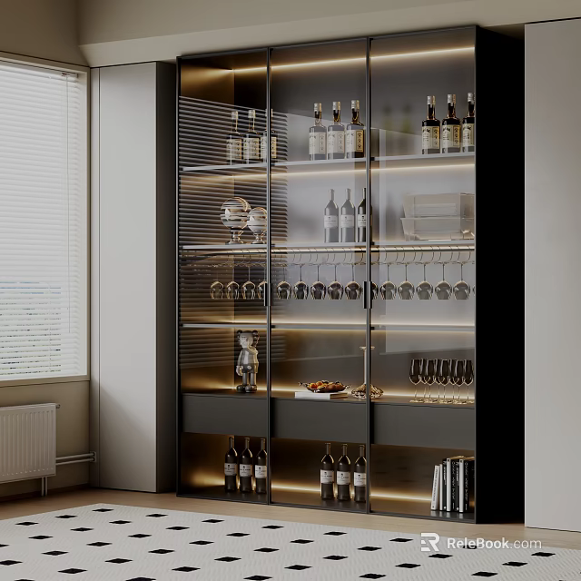 Modern Wine Cabinet With Glass Doors And Shelves For Wine Bottles And Glasses 3d model 