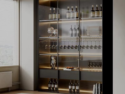 Modern Wine Cabinet With Glass Doors And Shelves For Wine Bottles And Glasses 3d model