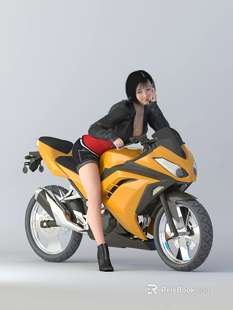 Stylish Woman Leaning On Yellow Motorcycle Wearing Black Jacket And Red Top 3d model 