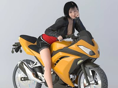 Stylish Woman Leaning On Yellow Motorcycle Wearing Black Jacket And Red Top 3d model