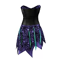Black And Purple Corset Dress With Green Laces And Decorative Fringe Skirt