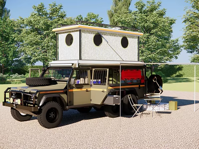 Off Road Adventure Vehicle With Roof Tent And Camping Gear In Nature 3d model
