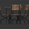 Modern Outdoor Table With Square Tile Top And Four Wooden Striped Chairs For Patio