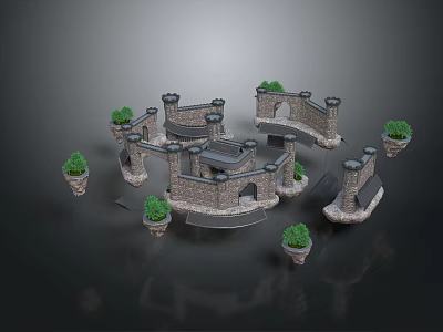 3D Model Medieval Castle Building With Stone Walls Towers Arched Gateways And Potted Plants 3d model