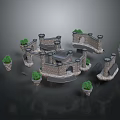 3D Model Medieval Castle Building With Stone Walls Towers Arched Gateways And Potted Plants