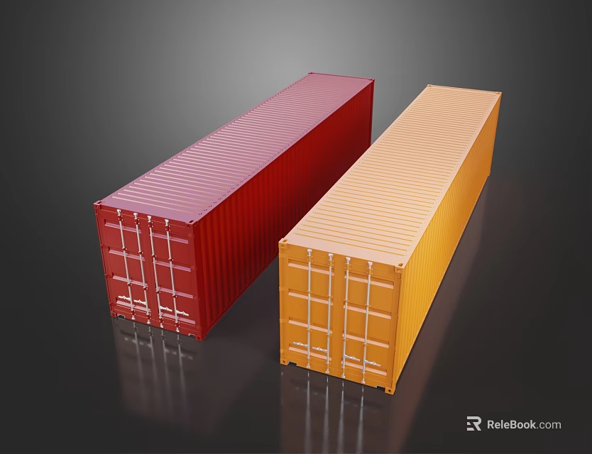 Two Red And Orange Container Building Exterior With Dark Background And Reflections 3d model 