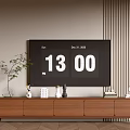 Modern Walnut TV Stand with TV Decorative Items Books Clock and Striped Wall