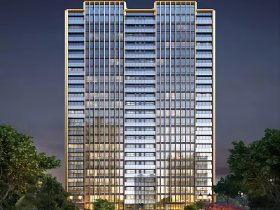 Modern High Rise Building With Glass Curtain Wall And Evening Lighting Surrounded By Trees 3d model