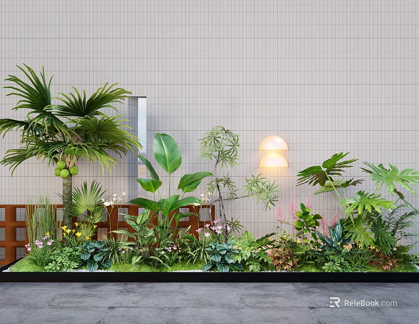 Indoor Landscape with Palm Tree Large-Leaf Plants Greenery Light-Colored Wall Wall Lamp and Gray Floor 3d model 