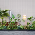Indoor Landscape with Palm Tree Large-Leaf Plants Greenery Light-Colored Wall Wall Lamp and Gray Floor