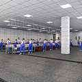 Indoor Training Space With Many People In Blue Work Uniforms And White Walls