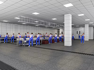 Indoor Training Space With Many People In Blue Work Uniforms And White Walls 3d model