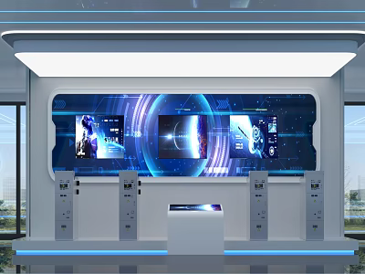Modern Tech Service Counter With Large Screen Displays And Self Service Kiosks 3d model