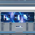 Modern Tech Service Counter With Large Screen Displays And Self Service Kiosks