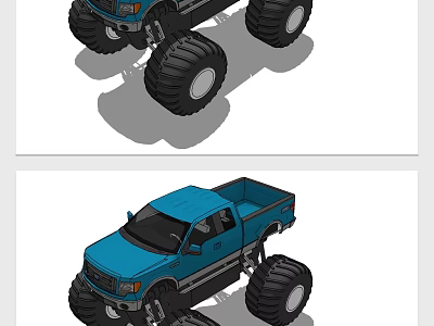 Blue Custom Pickup Truck With Oversized Tires And Monster Truck Styling 3d model