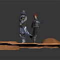 Game Movie Characters in Silver Armor and Red Hair with Red Lightsaber on Orange Ground