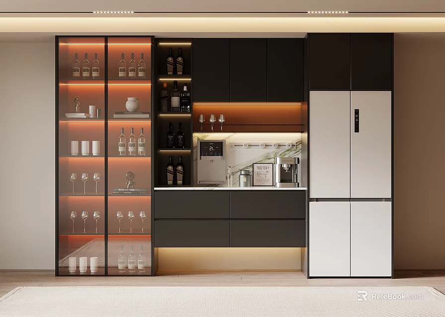 Modern Wine Cabinet With Warm Lighting Glass Doors Wine Bottles And Glassware 3d model 