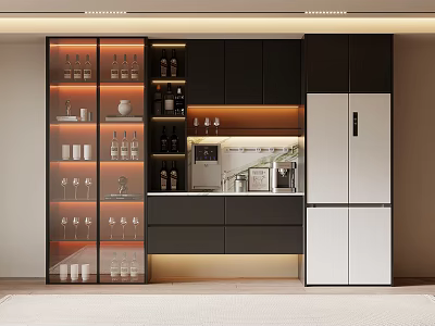 Modern Wine Cabinet With Warm Lighting Glass Doors Wine Bottles And Glassware 3d model
