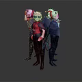 Three Game Movie Characters With White Helmets Red Scarves And Blue Tops Standing Together