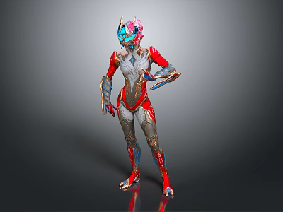 Futuristic Sci Fi Character With Biomechanical Armor Red Silver Blue Design And Pink Head Decoration 3d model