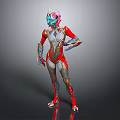 Futuristic Sci Fi Character With Biomechanical Armor Red Silver Blue Design And Pink Head Decoration