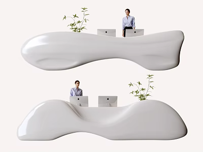White Reception Desk With Unique Curved Design Receptionist Computer And Green Bamboo Plant 3d model