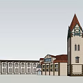 European Style Commercial Street With Red Brown Roofs White Walls And Tower Structures