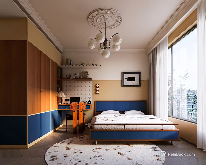 Modern Bedroom Interior With Blue Headboard Bed Wooden Cabinets Chandelier And Round Rug 3d model 