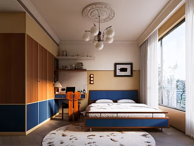 Modern Bedroom Interior With Blue Headboard Bed Wooden Cabinets Chandelier And Round Rug 3d model