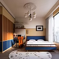 Modern Bedroom Interior With Blue Headboard Bed Wooden Cabinets Chandelier And Round Rug